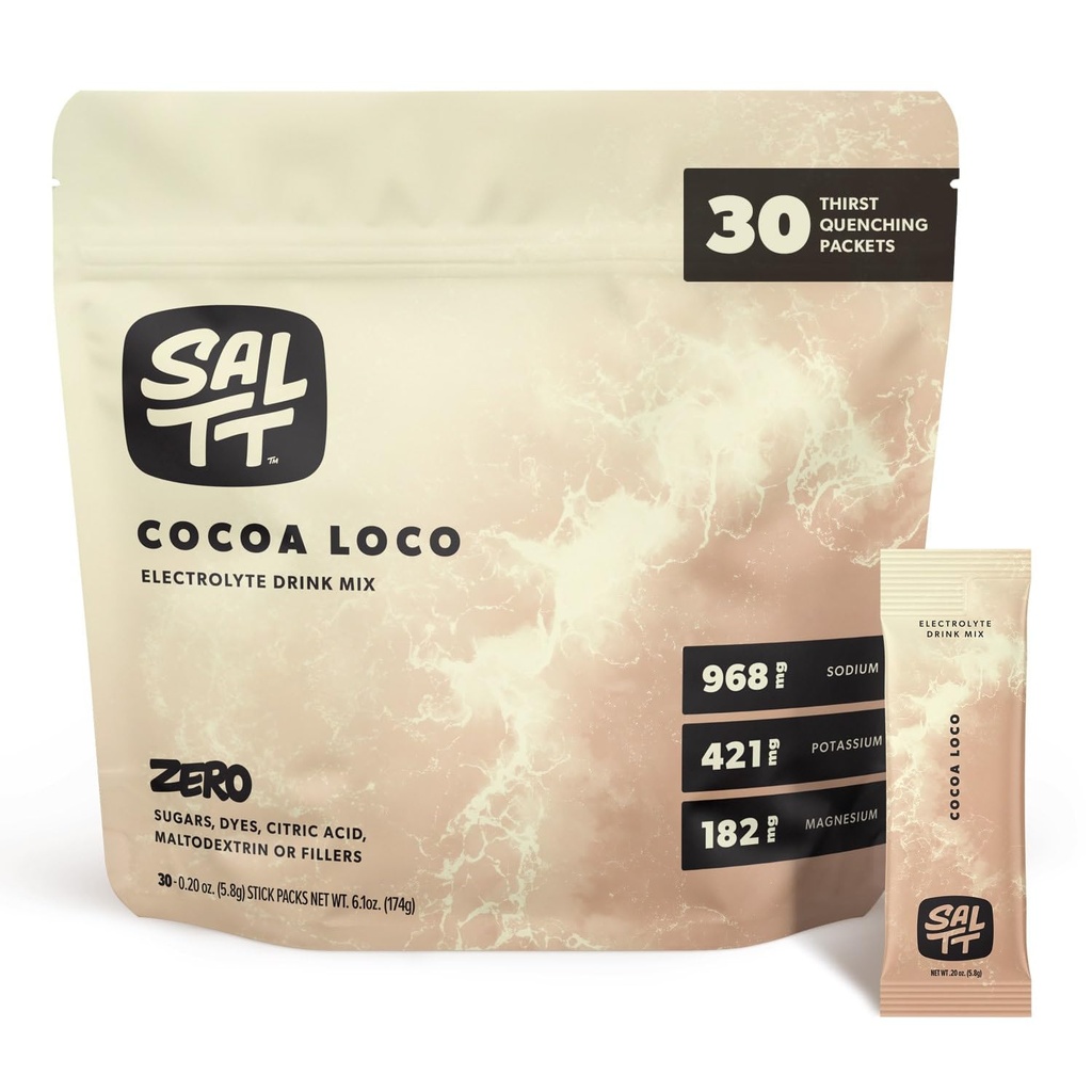 SallTT Electrolytes Powder Flavored Drink Mix - Cocoa Loco - 30 Paket Hidration - Magnesium, Potasium, Sodium, Trace Minecure - Zero Sugar & Gluten Free - Travel Essentials