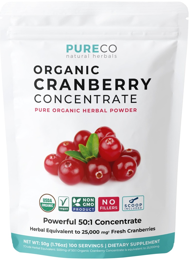 USDA Organik Cranberry Konsentrat (50: 1) Powder - 500mg sama dengan 25,000 mg Cranberry Segar - untuk Ginney Cleanse & UTI Mendukung Vitamin - Perempuan - Tambahan - 100 Pil