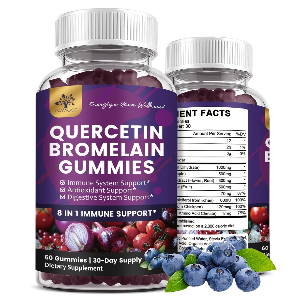 (2 Kemas) Quercetin Gummies dengan Bromelain Zinc Elderberry Vitamin C D3, Quercetin 1000mg Suplemen dengan Bromelain 500mg untuk Cardiovaskular, Sistem Imune & Allergy, Vegan Gummy untuk Dewasa & Kid