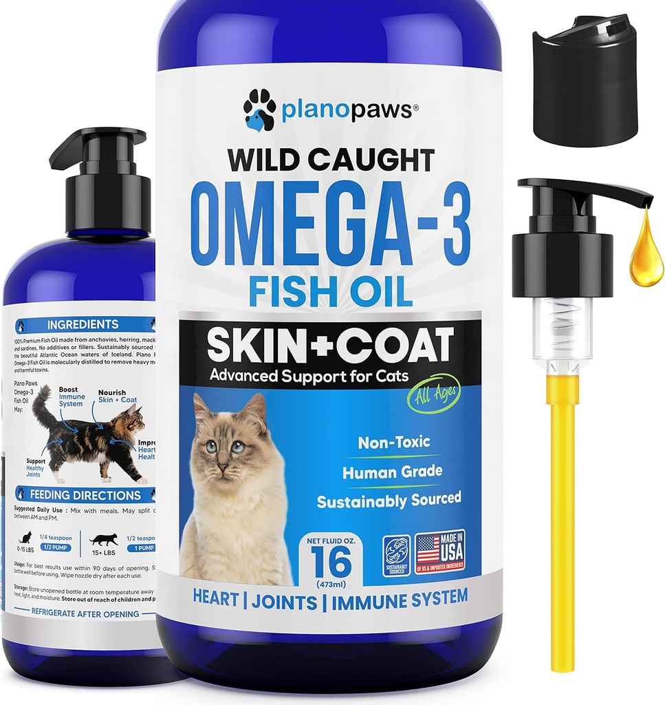 Omega 3 Fish Oil untuk Kucing - Lebih baik dari Salmon Oil untuk Kucing - Kitten + Cat Vitamin dan Suplemen Cat Kesehatan - Cat Dandruff Treatment - Liquid Fish Oil untuk Pets
