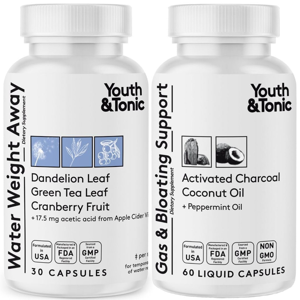 Wheight Away & Gas and Bloating - Diuretic & Charpills for Bloating Relief - Dukung untuk Water Retention, Swlegs & Digetical Bloating - Peppermint & Coconut Oil - 90 Pil
