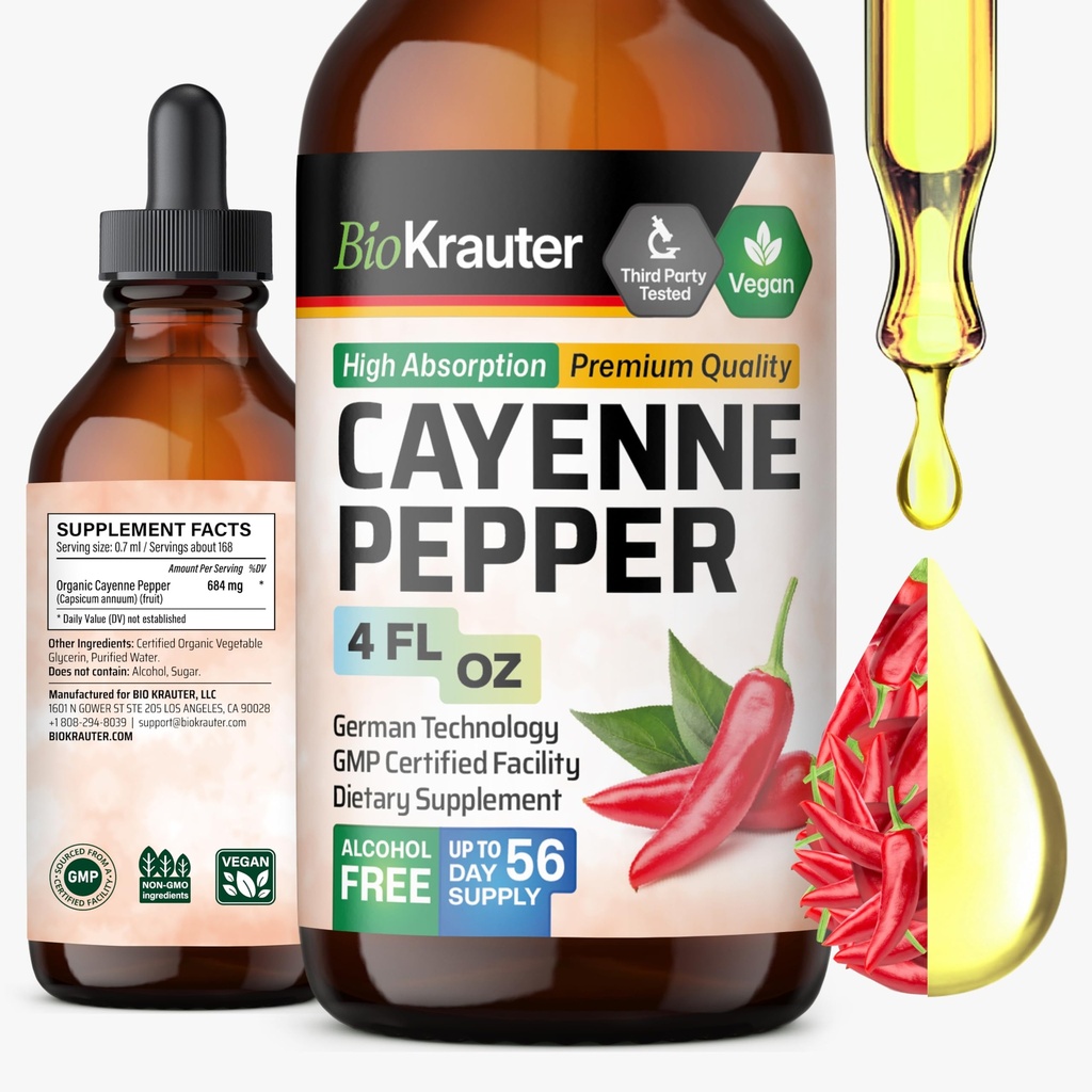 BIO KRAUTER Cayenne Pepper Extract Liquid - Murni Capsaicin Ekstrak - Cair Cayenne Pepper Drops untuk Dukungan Digetical - Gula & Alkohol Bebas 4 Fl.Oz.