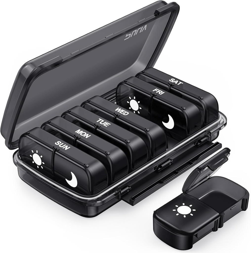 PULIV Weekly Pill Organizer 7 Day 2 Times sehari, Black Dams-ProviceAM PM Pill Box 7 Day, Pill Case with Portable Design, Large Medicine Organizer for Vitamin, Medicts, Fish Oils, Suplemen