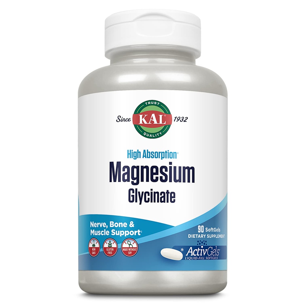 KAL Magnesium Glycinate ActivGels 315mg, Tambahan Absorpsi Magnesium Tinggi untuk Muscle, Nerve & Bone Health Support, Non-GMO, Gluten Free, 30 Servings, 90 Softgels
