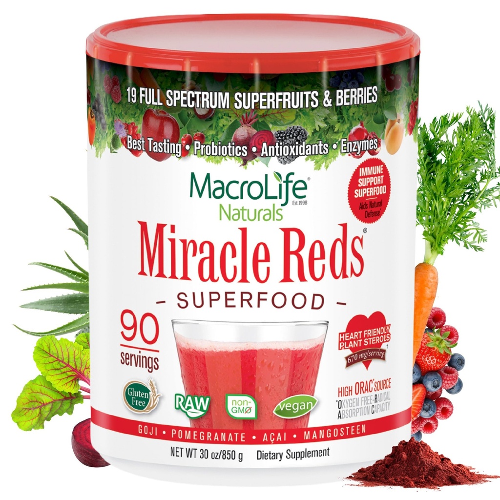 MacroLife Miracle Reds Superfood Powder Antioxidants Polyphenid Enzymes Progrees - Raw Non-GMO Organic Vegan Gluten & Dairy Free - 30oz (90 Serviliz) 30oz