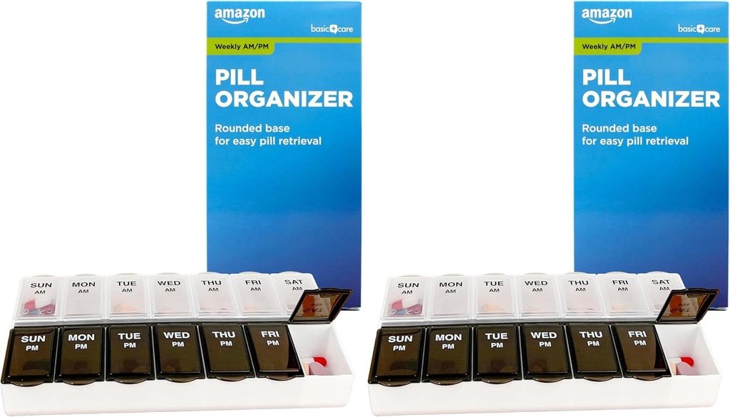 Perawatan Dasar (7-Day) AM / PM Pill Organizer, Vitamin Case, dan Medicine Box, Kompartemen Besar, 2 kali sehari, Hitam dan Hapus Lids (Paket 2)