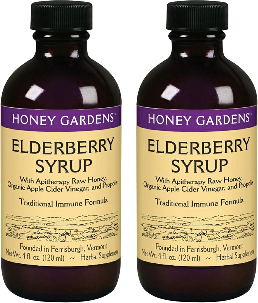 Honey Gardens Elderberry Syrup dengan Grade A Raw Honey, Propolis, Organic ACV & Elderberry, 124; Tradisional Immune Formula w / Echinacea 124; Dibuat di USA (4oz, 2pk)