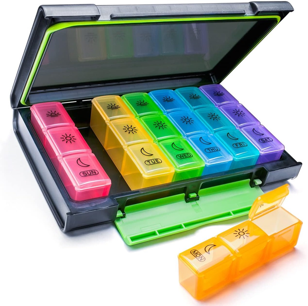 Weekly Pill Organizer, 7 Day Pill Box (3- Times-Aday) Portabel untuk Perjalanan dengan Moisture- Bukti Mendesain kasus Pil ke Pil Pil / Vitamin / Minyak Ikan / Suplemen