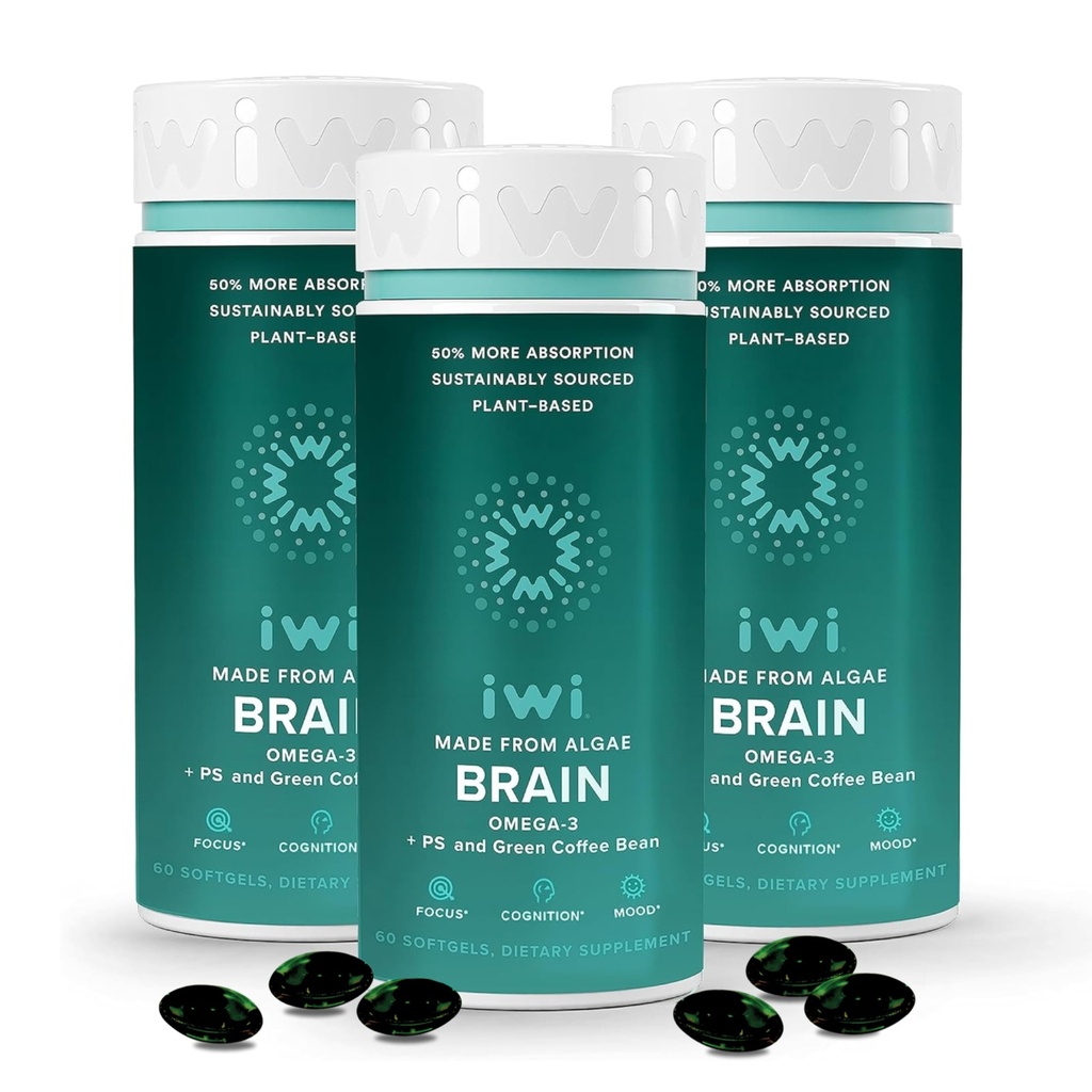 iwi Iife Brain Omega-3, 180 Softgels (90 pelayan), Vegan Plants-Based Algae Omega- 3 dengan EPA + DHA, Focus, Memory dan Mood Dukung Diet Supplemen, Krill & Fish Oil Alternatif, No Fishy Aftaste