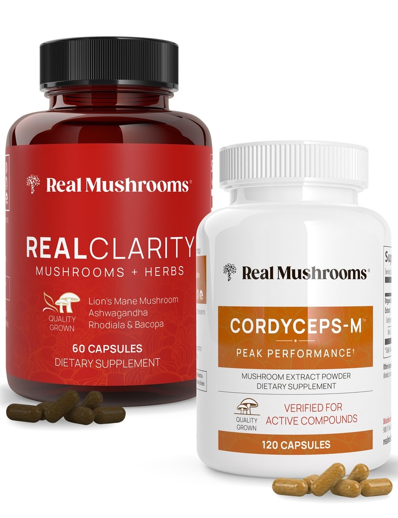Jamur Real Reality (60ct) dan Cordyceps (120ct) Capsules Bundle - Mushroom Suplemen Mental Clarity, Fokus, Energi & Vitalitas - Vegan, Non- GMO, Diverifikasi Levels Beta- Gcaphans