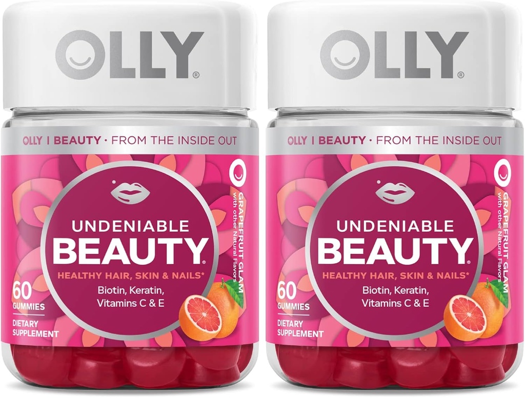 OLLY Undeniable Beauty Gummy, for Hair, Skin, Nails, Biotin, Vitamin C, Keratin, Chewable Supplement, Grapefruit, 30 Hari Supply - 120 Count