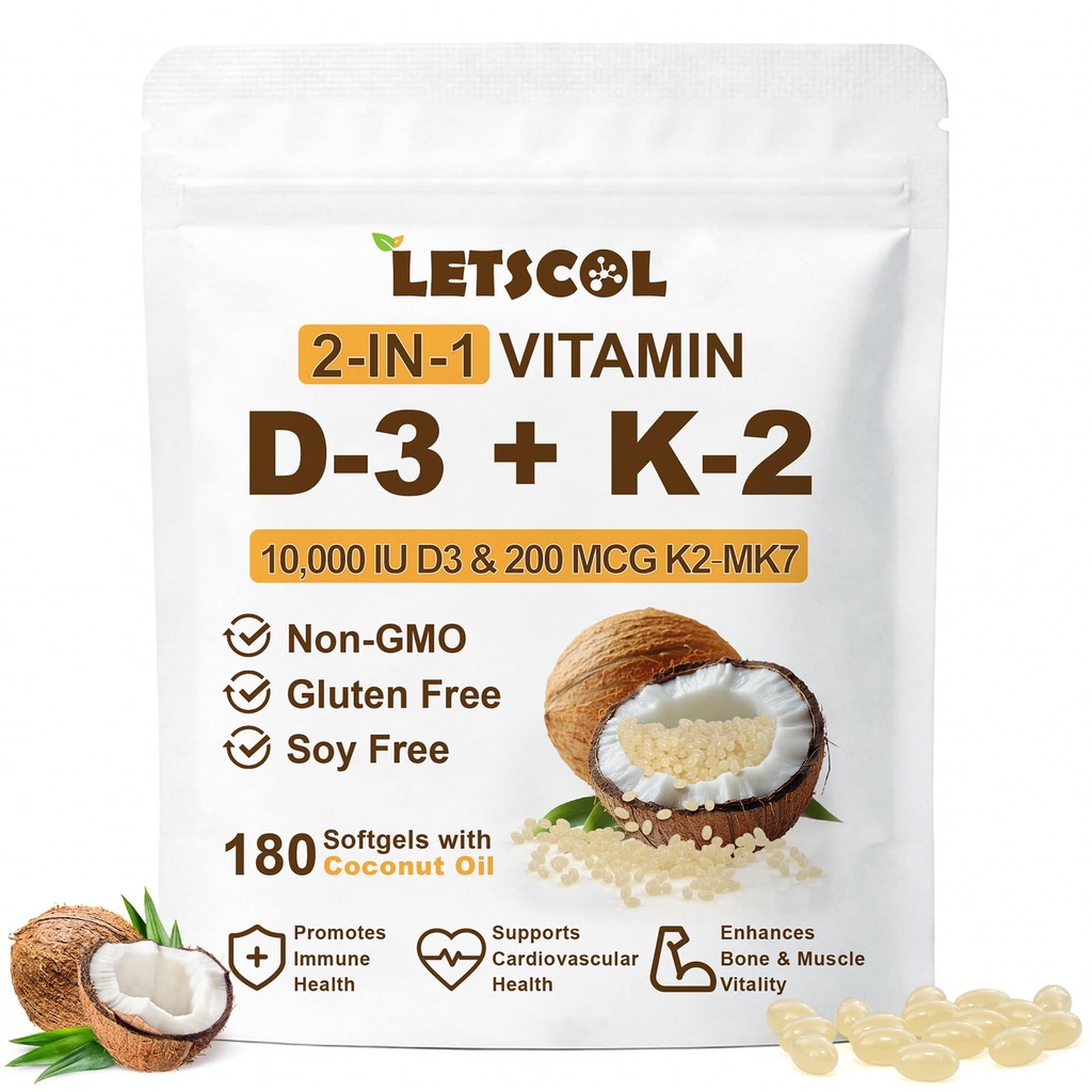 2-in-1 Vitamin D3 K2 Tambahan Suftgel, Vitamin D3 100U dan Vitamin K2 200 mcg, K2 MK7 dengan D3 Vitamin Support Imune, Heart, Gabungan, Teeth & Bone Health