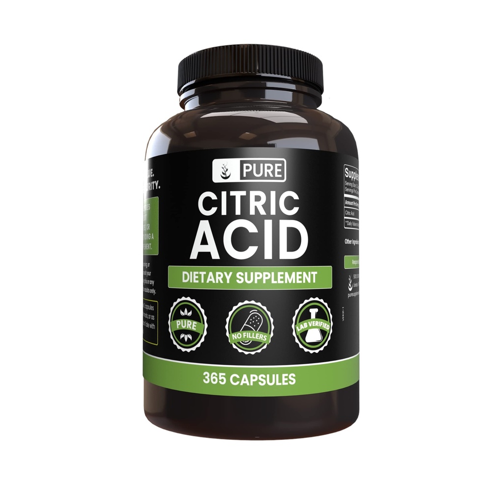 Murni Ingrediens Citric Acid (365 Capsules) No Magnesium Or Rice Fillers, Always Pure, Lab Verified