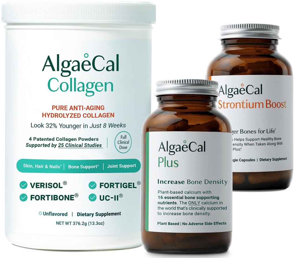 ALGAECAL Bone Builder & Collagen Bundle - Clinically-Didukung Collagen dengan Verisol, Fortibone, Fortigel + Plant - Based Calcium, Strontium, D3, K2, Magnesium & 16 Nutrients for Beauty & Bone Health
