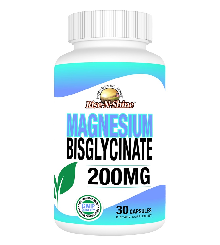 Rise- N- Shine - Magnesium Bisglycinate 200 mg - Gabungan & Muscle - Suplemen Dukungan Energi, Gangguan dan Tulang - Magnesium untuk Dukungan Tidur dan Istirahat (30 Kapsul)