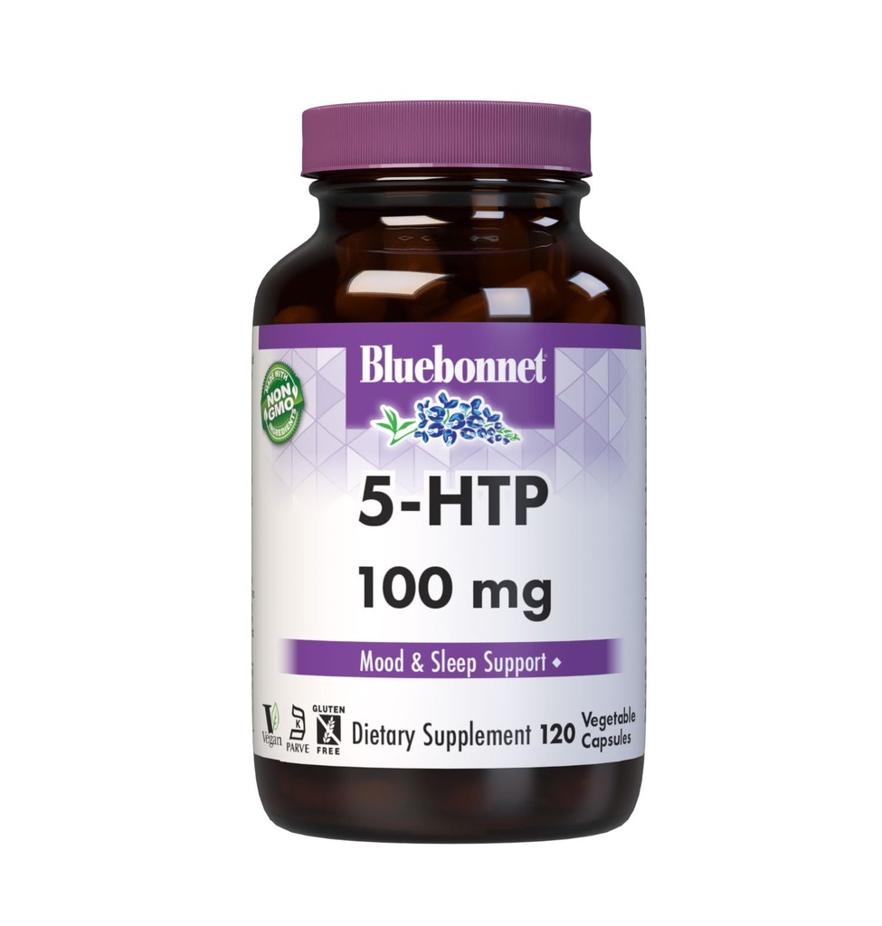 Bluebonnet Nutrection 5- HTP (Hydroxytrypophan) 100mg, for Neurrotransmitter Support *, Support Positive Mood *, Soy- Free, Non-GMO, Kosher Cerfied, Vegan, White, 120 Vegetable Capsule