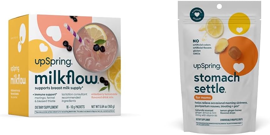 UpSpring Stomach Complete Drops, Honey Flavour, 28 Ct + Milkflow Supplement Breastfeed Drink with Moringa & Blessed Thistle, No Fenogreek 124; Elderberry Lemonade Flavor 124; 16 Drink Mixes
