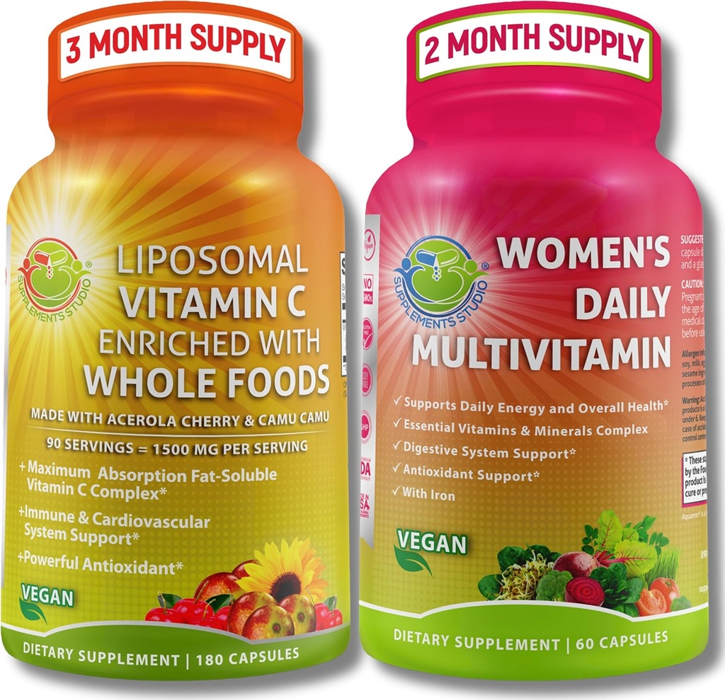 Antioksidant & Imunity Dukung Bundle - Lipomal Vitamin C 1500mg dengan Organik Acerola Cherry & Camu + Women Multivitamin dengan Besi, Superfoods, Provizymes & Enzymes - Vegan, Non-GMO