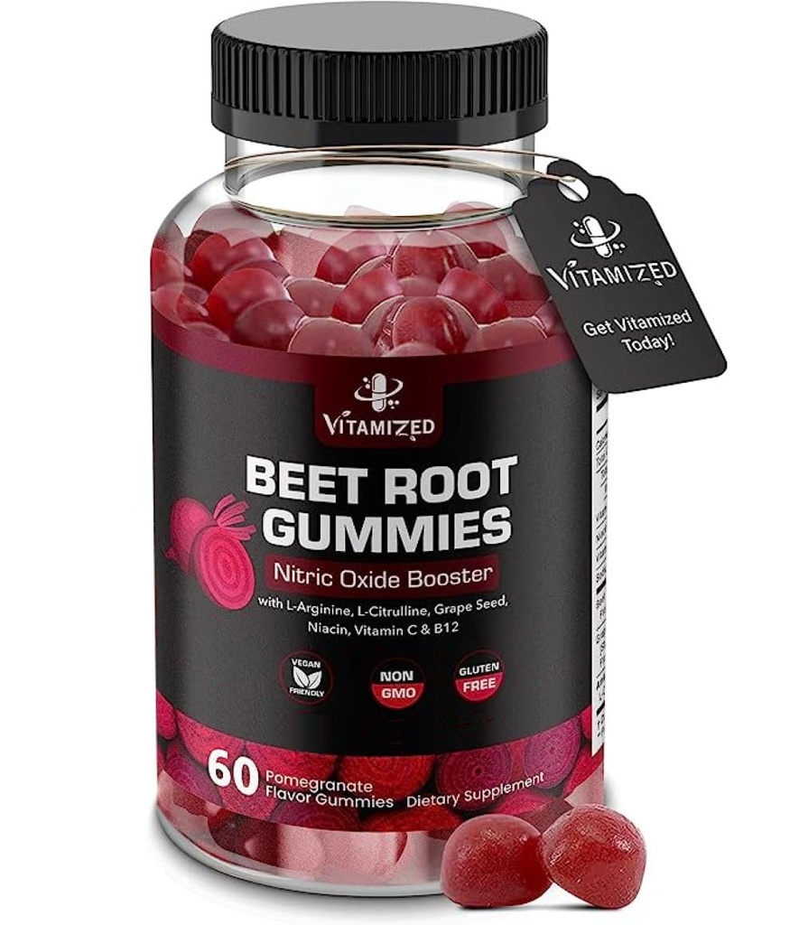 Beet Root Gummies - Super Nitric Oxide Beats Supplement - Red Beetroot Heart Chews with Grape Seed Power & B12- Pocate Flavor, 60 Chewables Beets
