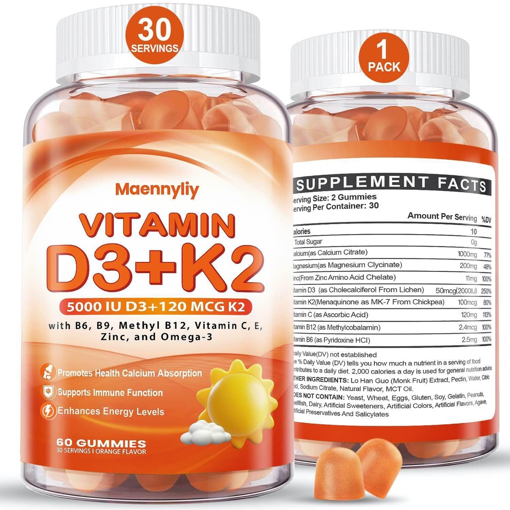 Vitamin D3 K2 Gummies for Adults - Vitamin D3 5000IU + K2 (MK-7) 120mcg - Sugar-Free D3 dan K2 Suplemen dengan Omega- 3, Metyl B12, B9, B6, Vitamin E & Zinc - for Calum Absorpsi & Imune Health