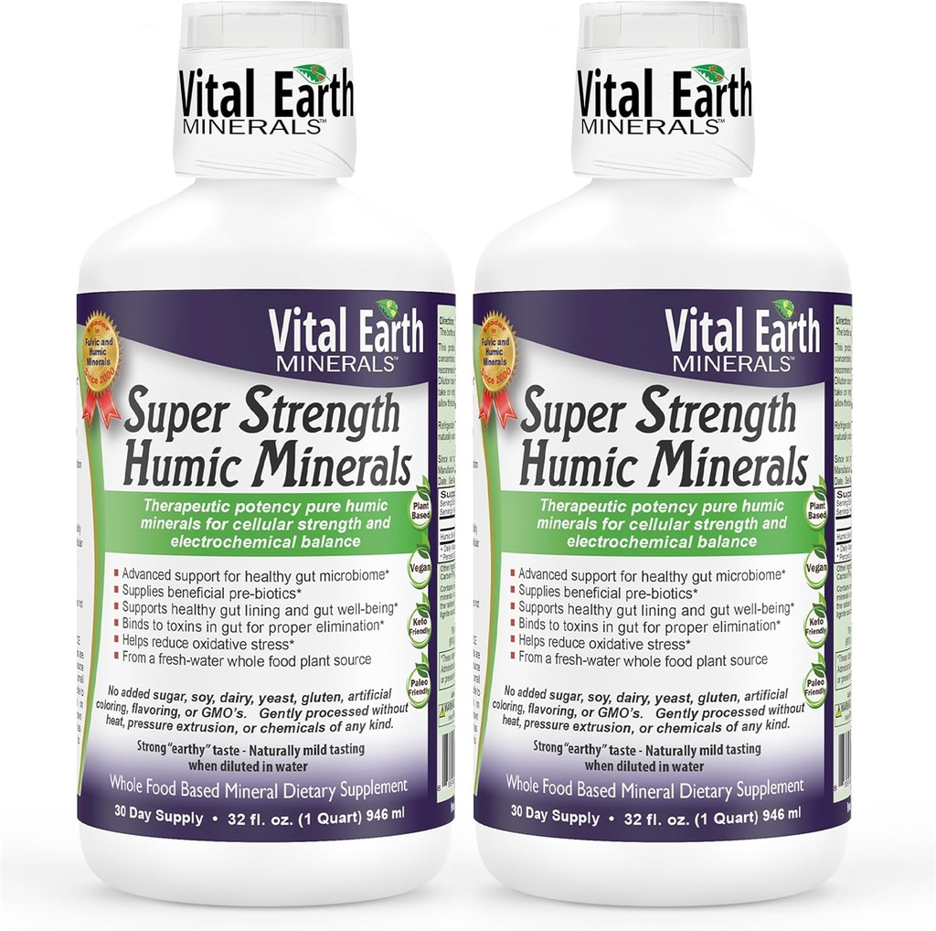 Misionaris Bumi Vital Super Power Humic 2-Pack - Fulvic Acid Suplemen dengan 70 + Trace Minerals, Electrolytes untuk Detox & Divalle, 32 Oz Ea + 1 Oz Cup