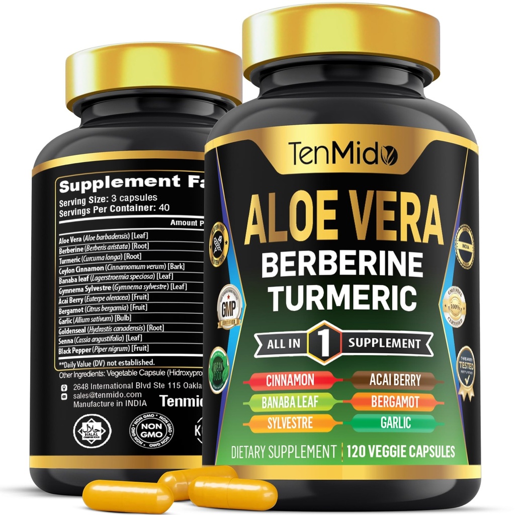 Aloe Vera Capsules Supplement - 12in1 Formula - Combine with Berberine, Turmeric, Ceylon Cinnamon, Banaba Leaf, Gymnema Sylvestre, Acai Berry, Bergamot, Garlic, and More - 120 Capsules