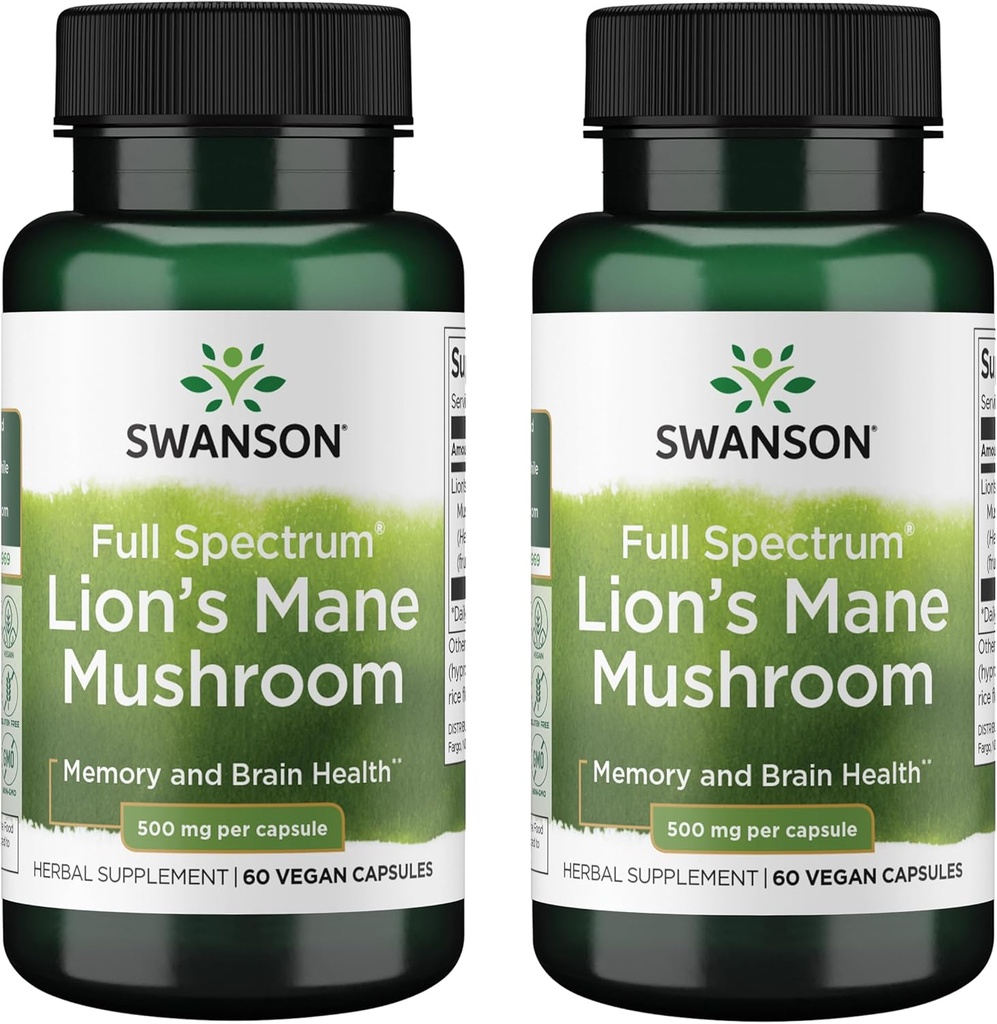 Swanson Full Spectrum Lion 's Mane Mushroom - Brain Health Suplement to Dupport Memory, Focus & Clarity * - May Also Aid Immune, Heart & Digetical Health - Free & None-GMO - 60 Capsules (2 Pack)