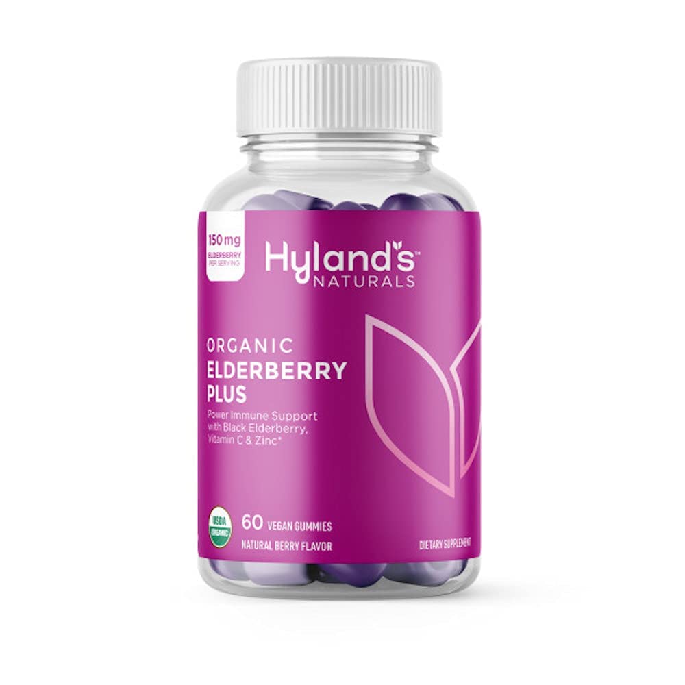 Hyland 's Organic Elderberry Plus Gummies, Organic Black Elderberry dengan ZINC dan Vitamin C, Suplemen Hammuniune untuk Dewasa, 60 Vegan Gummies (30 Hari)