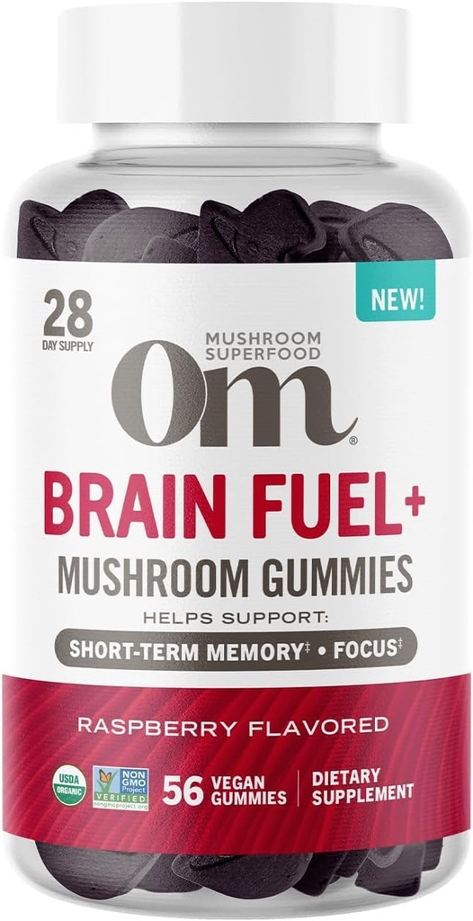 Om Mushroom Superfood Food Fuel + Gummies, 28 Pelayan, Rampberry Gummy Suplemen dengan Mane Singa untuk Memori dan Fokus