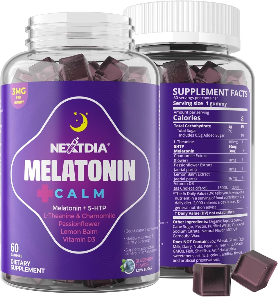 Melonasin Gummies 3mg 1mg - Dukungan Siklus Tenang Sehat dengan 5HTP, L- Theanine, Lemon Balm, Chamomile, Passion Flower, Vitamin D3 untuk Dukungan Imune - Low Sugar, Gelatin Free, Vegan - 60 Counts