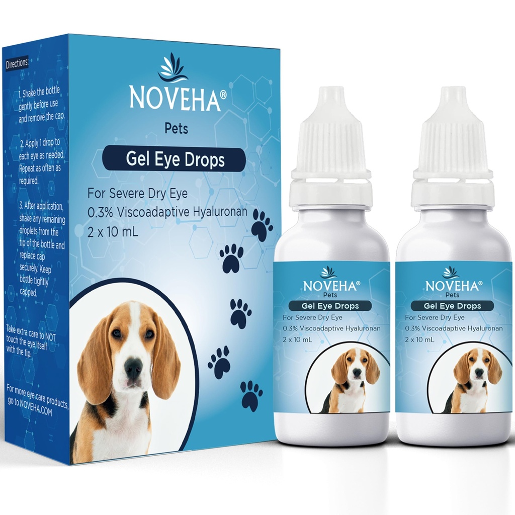 NOVEHA Pet Gel Eye Drops with 0.3% Viscoadaptive Hyaluronan 124; Eye Solution for PAST Dry Eyes - Long Lasting Hydration, Reduces Nucleus, Swelling & Dryness - Eye Lube for Dogs and Cats (2x10mL)