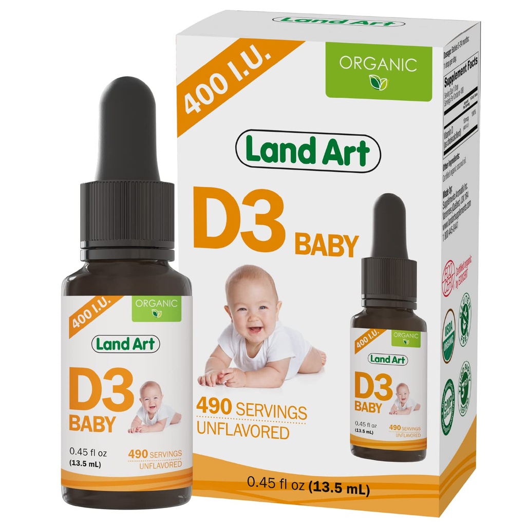 Seni Tanah - Tersertifikasi Organik Vitamin D3 Drops Bayi - 400 IU per Drop - 490 Hamba - Mendukung Pengembangan Tulang & Gigi - Vitamin D Drops untuk Bayi & Toddlers - GMO- Free - Gluten- Free - 0.45 fl oz