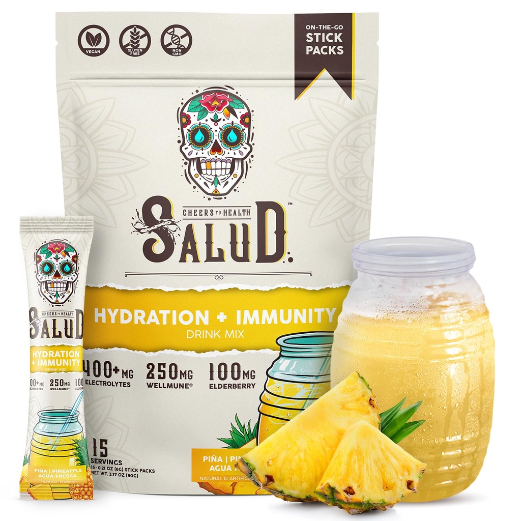 Salud 2-in- 1 Paket Hidration + Imunity Electrolites Powder, Pineapple - Agua Fresca Drink, Elderberry, Dairy & Soy Free, Nony-GMO, Gluten Free, Vegan, Low Calorie, 1g Sugar (15 Pelayan)