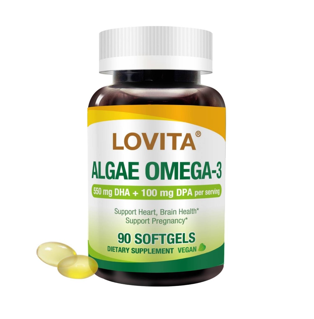 Lovita Algae Omega-3, Vegan dan Pembangkit - berbasis DHA & DPA, Alternatif Minyak Ikan, 100mg Algae Oil, Dukungan Hati dan Kesehatan Otak - Bebas, 90 Softgels