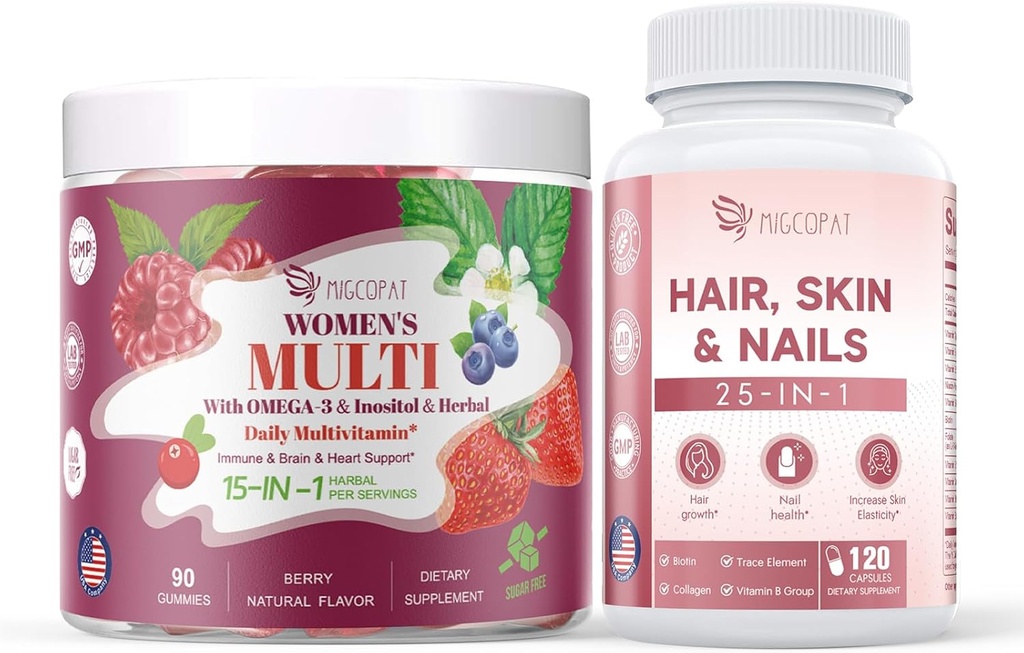 Womens Multivitamin Gummies & Hair, Skin & Nails Supplemen Bundle, Brain & Heart Support, Gut & Distrable, Hair Growth, Skin Health, Nail Strength