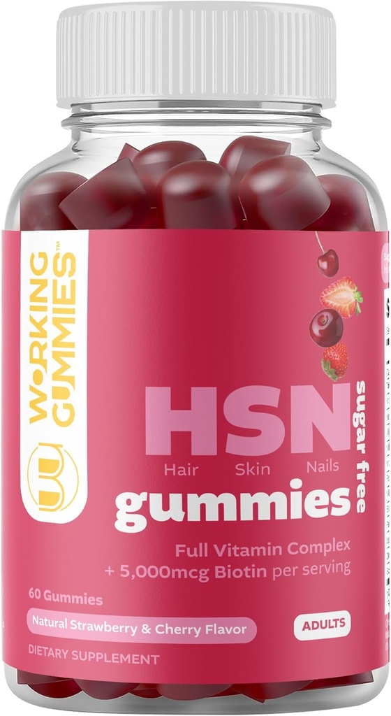 HSN Gummies - Rambut Skin dan Nails Gummies - Gula Bebas Biotin Gummies 5000mcg dengan Kompleks Vitamin Penuh untuk Perkembangan Rambut, Sehat Skin, Nail Kekuatan - 60 Ct Strawberry & Cherry Flavor