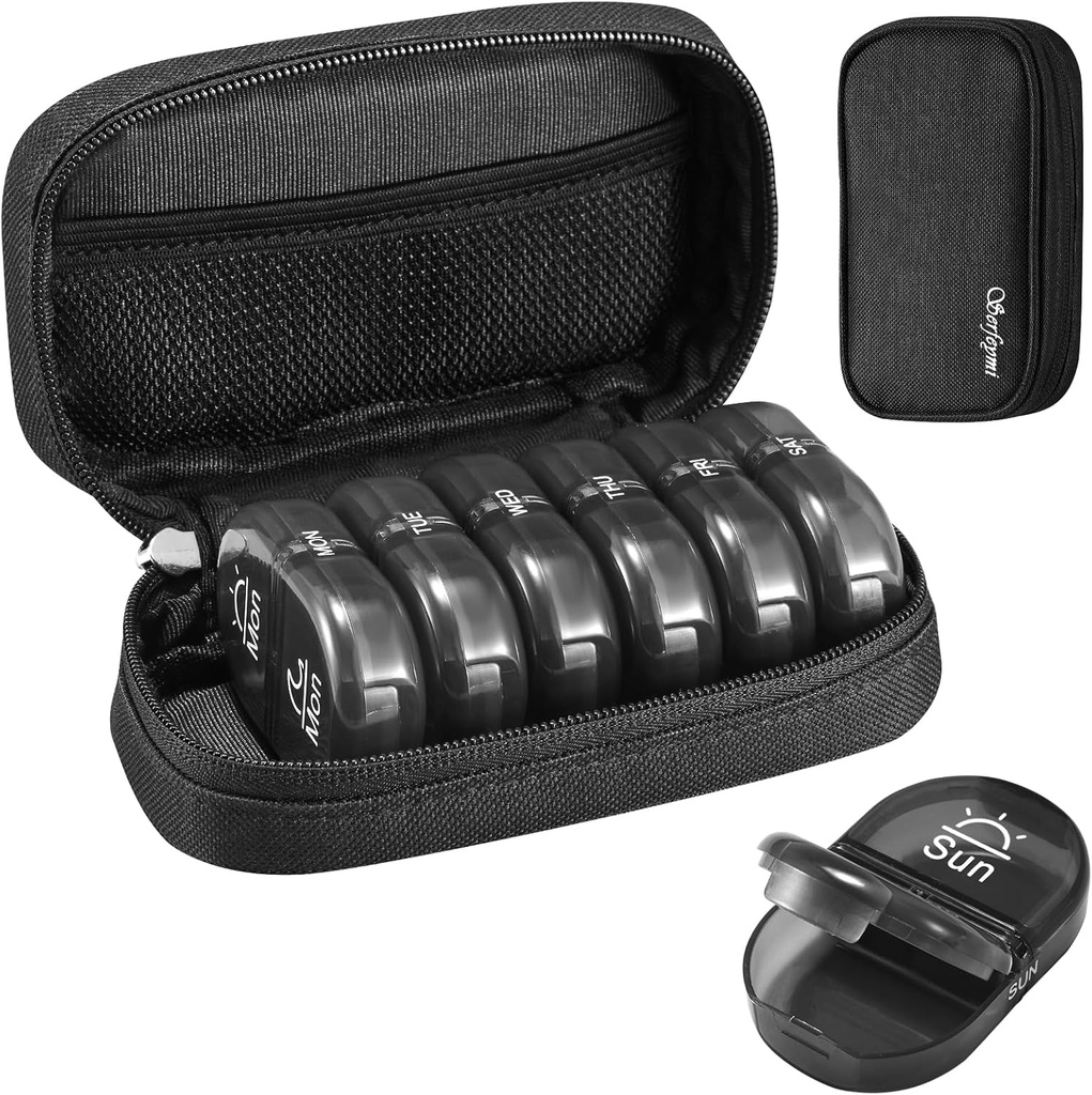 Serfeymi Weekly Travel Pill Organizer 2 Times A Day AM PM Upgraded Black Pill Box 7 Day with Portable Ziper Case, Medicine Organizer for Pills, Vitamin, Suplemen, Fish Oils - Black 01