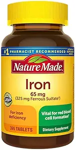 Nature Made Iron 65 mg 365 Tablet (325 mg Ferrous Sulfate), Dietary Suplemen untuk Red Blood Cell Suppliments, 365 Day Suppply- Bundled dengan NalkotSupliments Guide