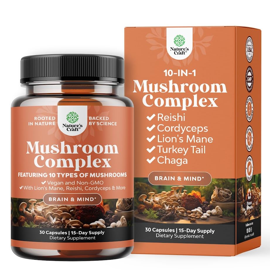 Advanced Mushroom Complex Capsules - 10X Lions Mane Supplement Capsules with Reishi, Chaga, Maitake & Shiitake for Brain Health Memory Dups & Focus - Nootropic for Mental Clarity - 30 Caps