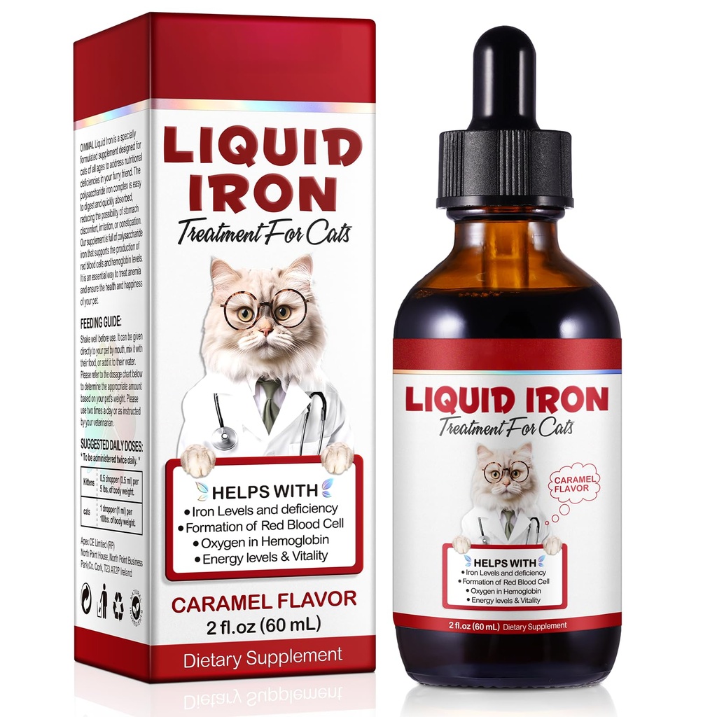 Liquid Iron for Cats, Cair Iron Drops for Cats Supports Anemia, Low Enery Levels and Lethargy Cats-- Impreve Energy Levels & Vitalitas, Pet Supplies Cat Vitamin Suplemen, Caramel Flavor - 2 F.oz