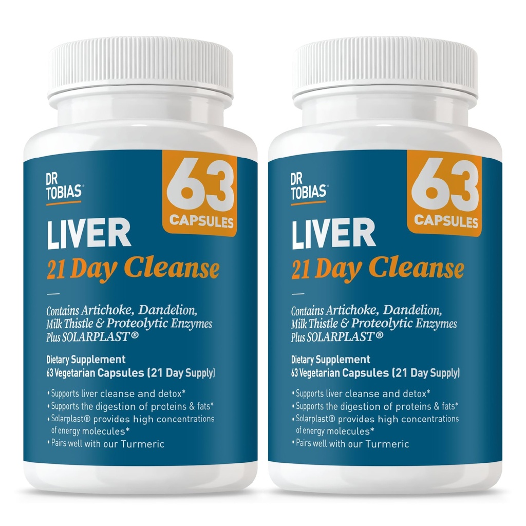 Dr. Tobias Liver 21 Day Cleanse, Herbal Liver Detox Cleanse dengan Solarplast, Extract Artichoke, Milk Thistle, Dandellion Extract dan Digetical Enzymes, 63 Vegetable Capsules, 3 Daily, Paket 2