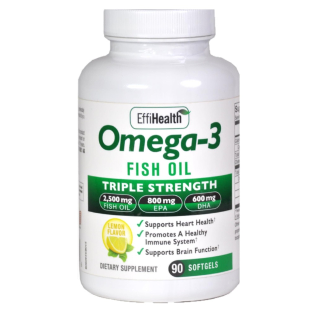 EffEHealth Omega-3 Fish Oil - Triple Kekuatan 2500mg Minyak Ikan, 1200mg EPA, 600mg DHA - Mendukung Kesehatan HEarth, Kesehatan Otak dan Dukungan Imune - Lemon Flavor, Minyak Ikan Burpless