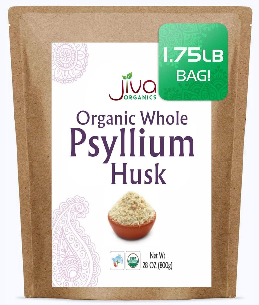 Jiva Organics Whole Psyllium Husk (Isagol) 1.75 LB (28 Oz) Jumbo Bag - Non-GMO, Unflamited - Keto Friendly, Soluble Fiber