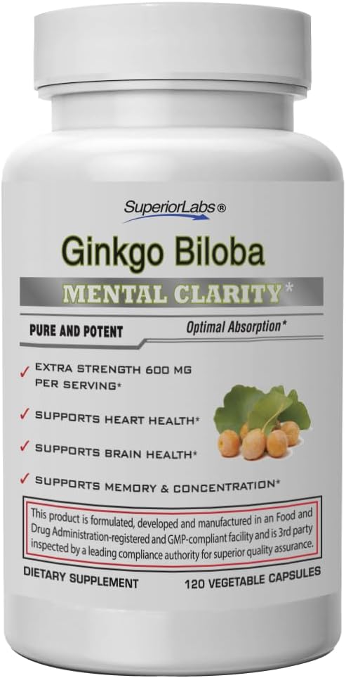 Superior Labs Ginkgo Biloba 1200 mg, Non- GMO, Black Pepper untuk Increased Absorpsi, Ginkgo Extract, Memperkuat Memori & Fokus, Circulation Booster, Natural Antioksidant Nootropic, 120 Veg Caps