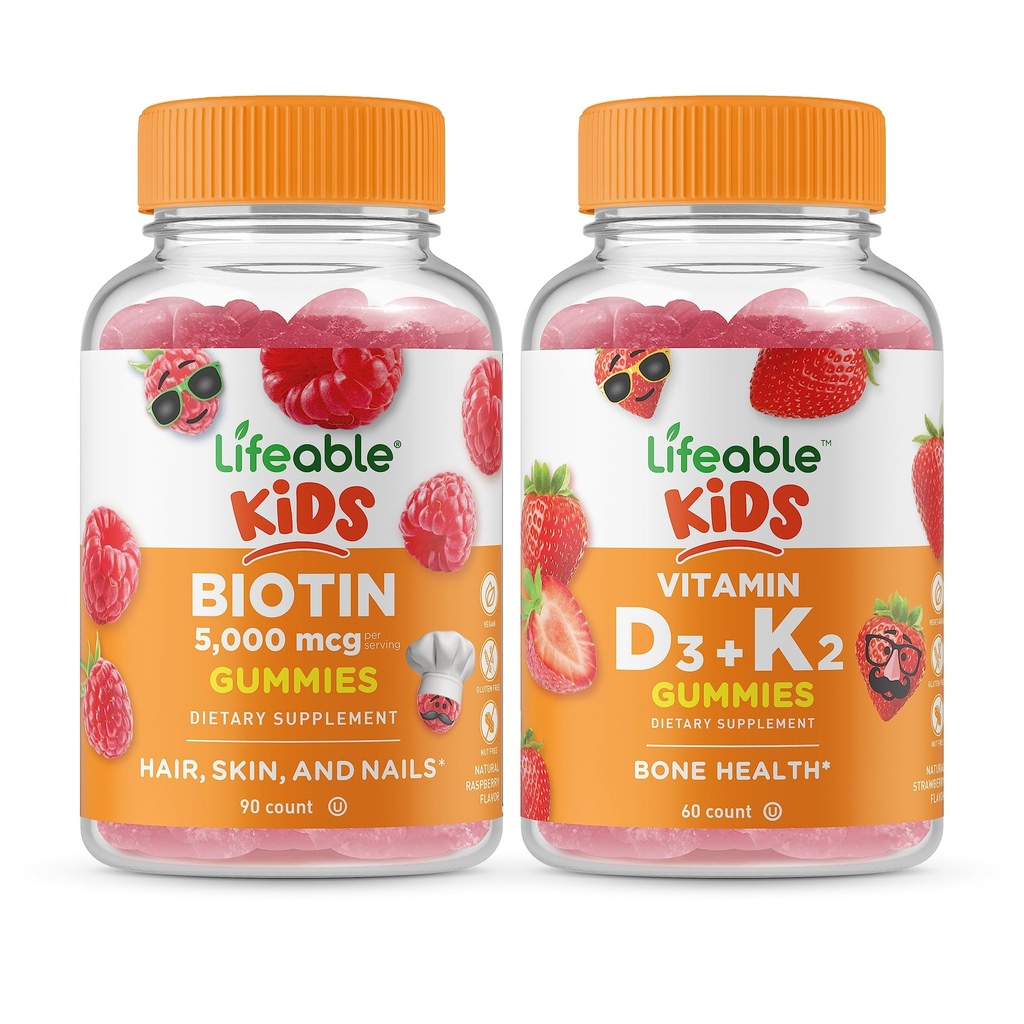 Lifeable Biotin Kids + Vitamin D3 + Vitamin K2 Kids, Gummies Bundle