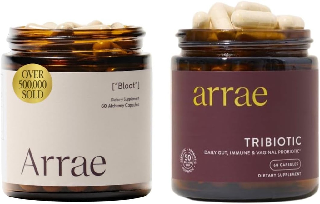 Arrae Bloat + Tribiotic Bundle, Bloating Relief Digetical Enzymes, Gas & Inditraffic Relief, Progories for Women, Dukung untuk keseimbangan pH Vaginal, Ammune, and Feminine Health, 60 Capsules Each