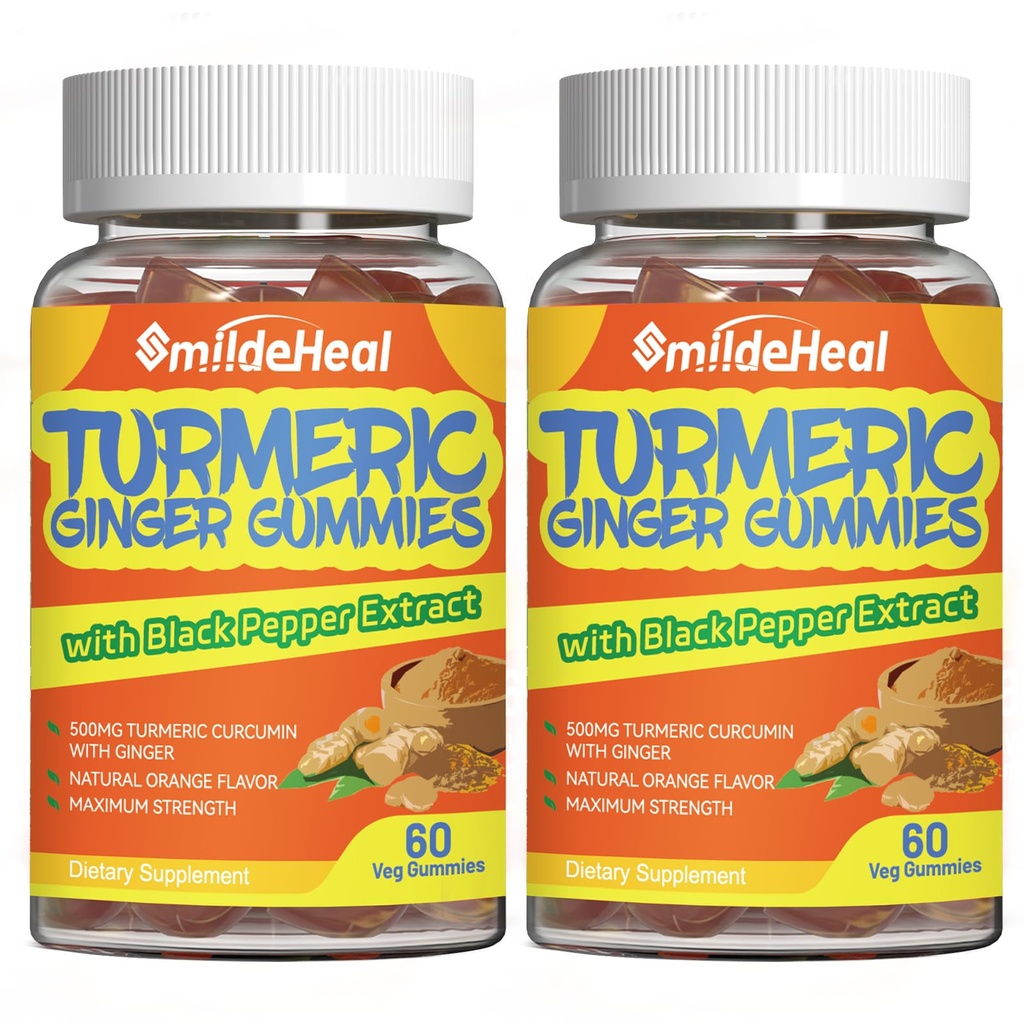 Turmeric Curcumin Gummies 500mg, dengan Turmeric Root Extract, Ginger Root, Black Pepper Extract, Antioksidant Dukungan, Orange Flavor Gummies, 60 Count (Paket 2)