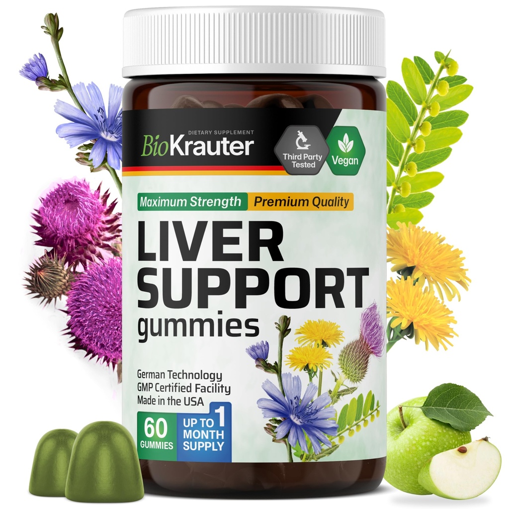 BIO KRAUTER Liver Suplement Gummies - 60 Vegan Chews w / Milk Thistle, Dandellion Root untuk Liver Cleanse & Detox - 80% Silymarin