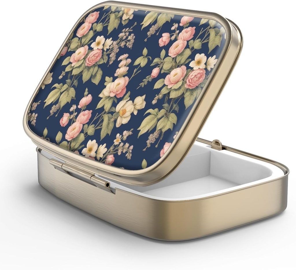 Pill Case Pill Box dengan Mirror Retro 2 Kompartemen Kasus Pill Kecil untuk Kotak Pill Purse atau Pocket Bronze Rectangular atau Vitamin, Minyak Ikan, Suplemen, Pill Containe Travel Gift Retro Rose Floral