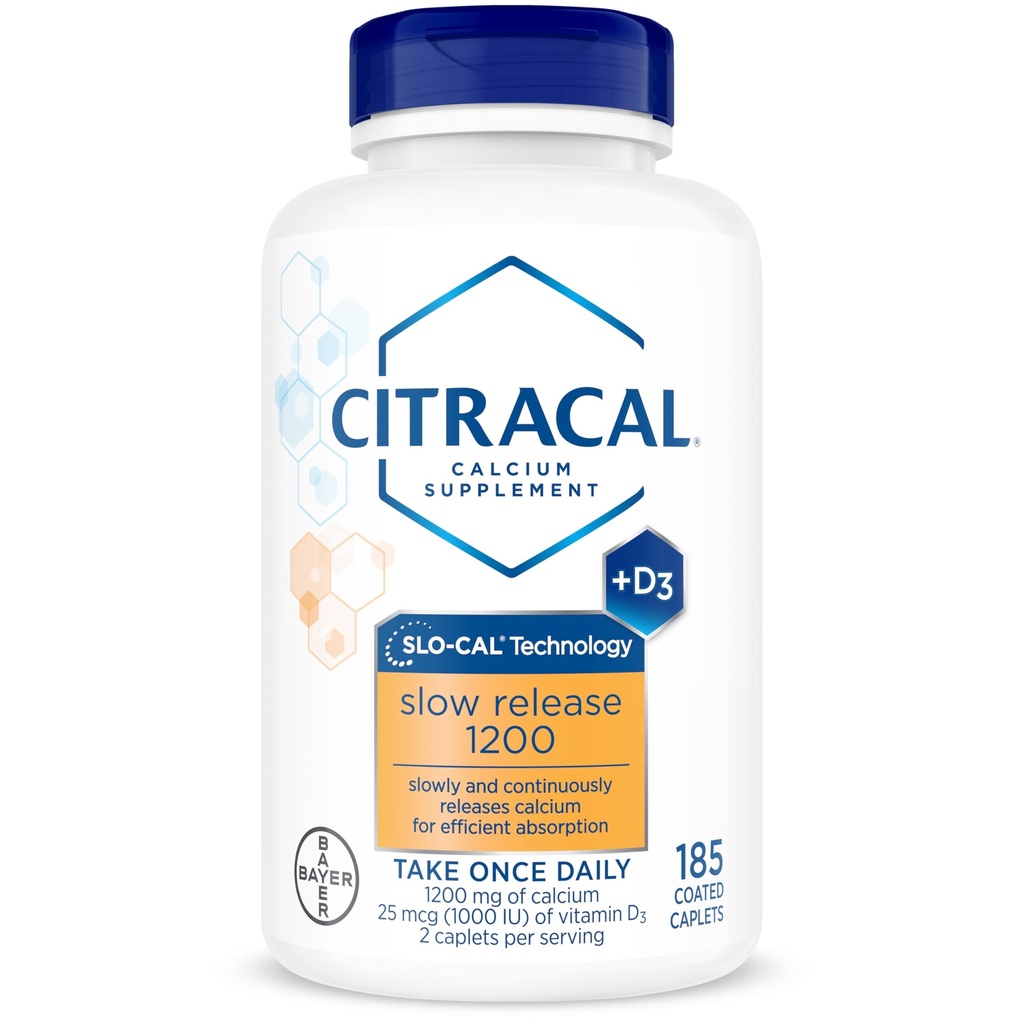 Citracal Slow Relase- Kalsium 1200 mg dengan Vitamin D3, Magnesium, Calcium Suplemen Bone Health, Take Once Daily Caplet, 185 Count